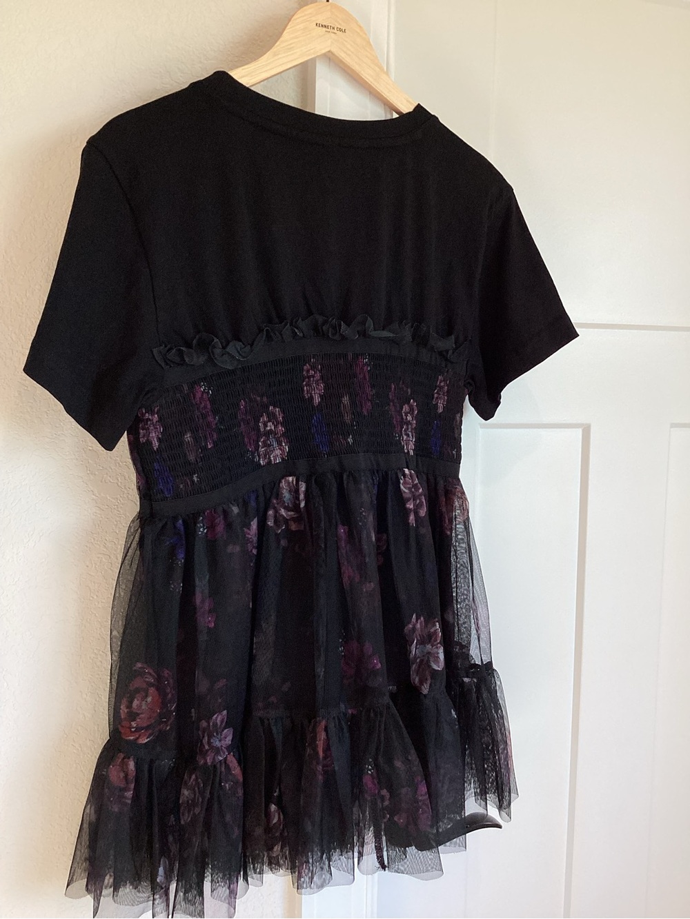 Anthropologie Tulle Short Sleeve Tee Tiered Bow New Medium Black Floral - Picture 11 of 13